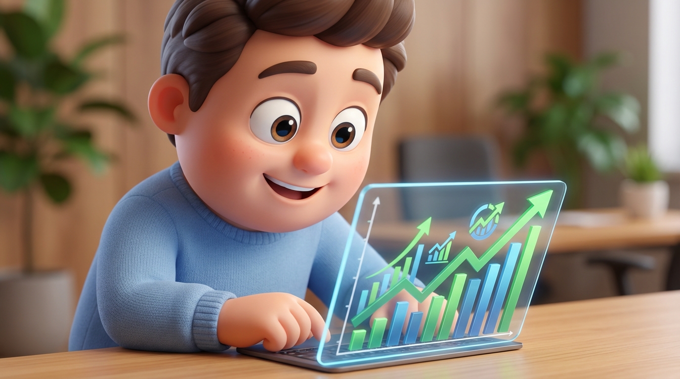 Pixar-style 3D character examining complex infographic on digital screen, showing sales increase, expressive face, rounded soft textures, friendly and approachable