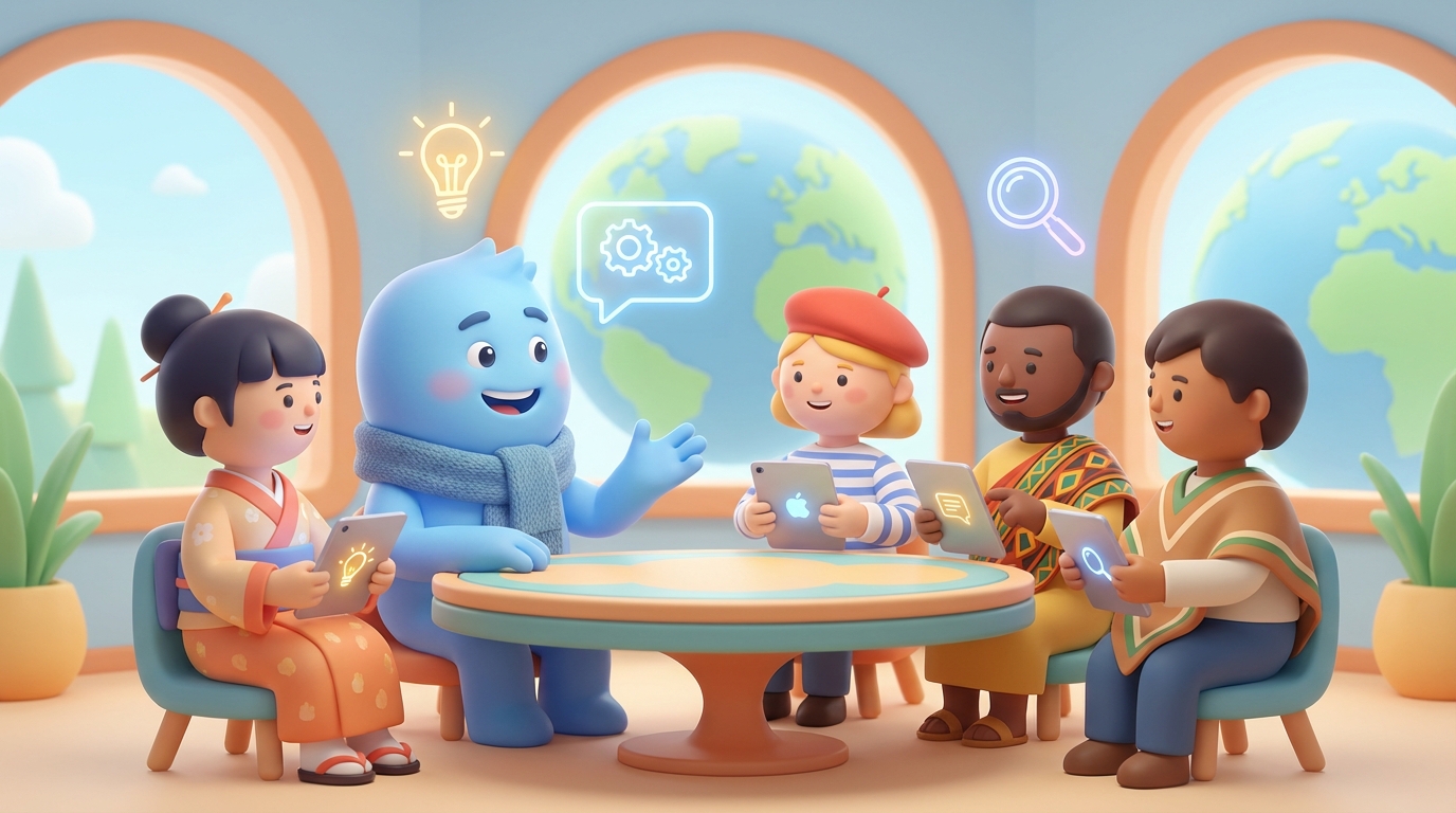 Pixar-style 3D character chatting with different characters from different countries, sharing tips, rounded soft textures, friendly and approachable