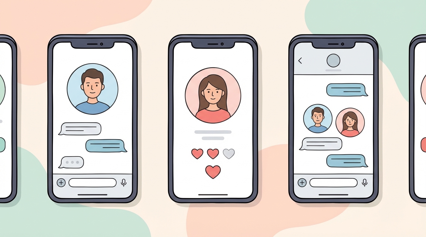 Flat design illustration, clean vector style, soft colors, minimal hand-drawn feel of various AI boyfriend and girlfriend apps showcased on smartphone screens