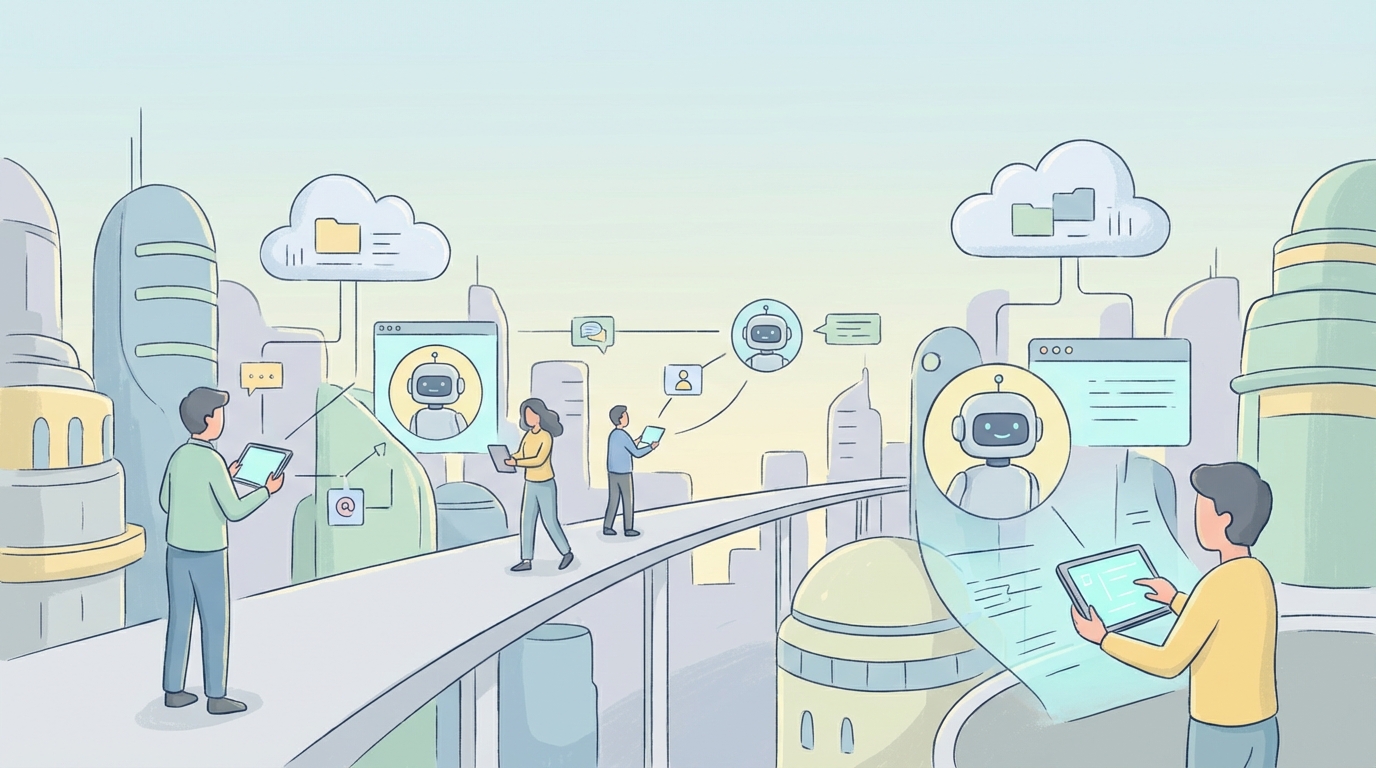 Flat design illustration, clean vector style, soft colors, minimal hand-drawn feel of a futuristic cityscape where people interact both with each other and with AI through their devices