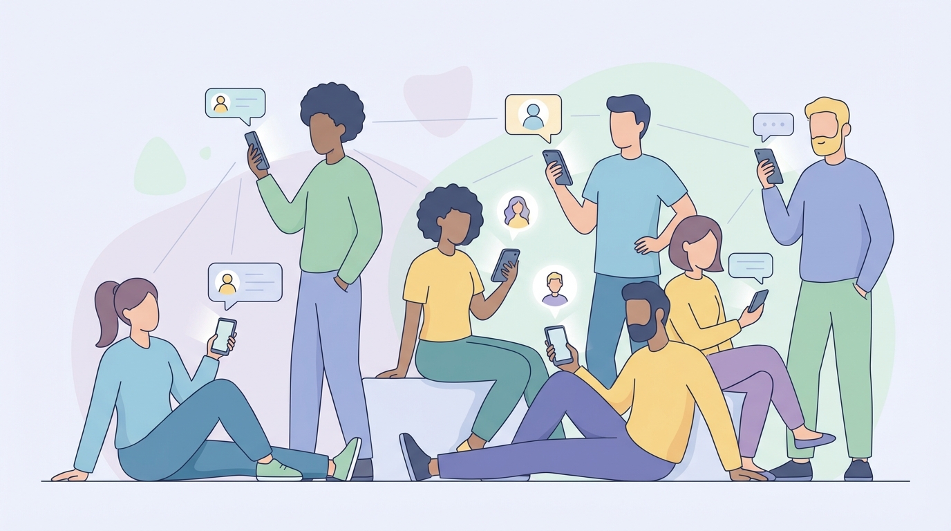 Flat design illustration, clean vector style, soft colors, minimal hand-drawn feel of a diverse group of people using their smartphones to interact with AI partners