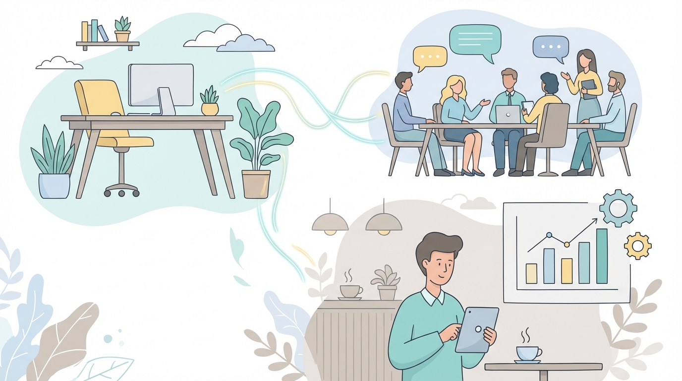 Simple and elegant graphic showing various business scenes enhanced with illustrations from the discussed sites - Flat design illustration, clean vector style, soft colors, minimal hand-drawn feel