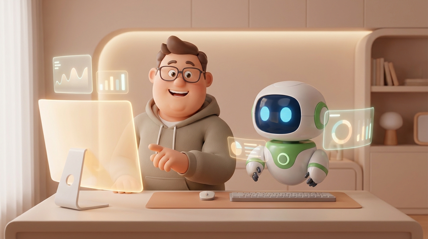 Pixar-style 3D character, programmer sitting on a desk, working with a super cute and friendly AI robot assistant on a futuristic computer setup, expressive face, rounded soft textures, friendly and approachable