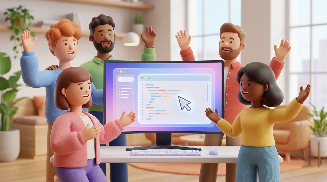 Pixar-style 3D character, various people of diverse backgrounds excitedly discussing around a large computer screen displaying the Cursor interface, expressive face, rounded soft textures, friendly and approachable