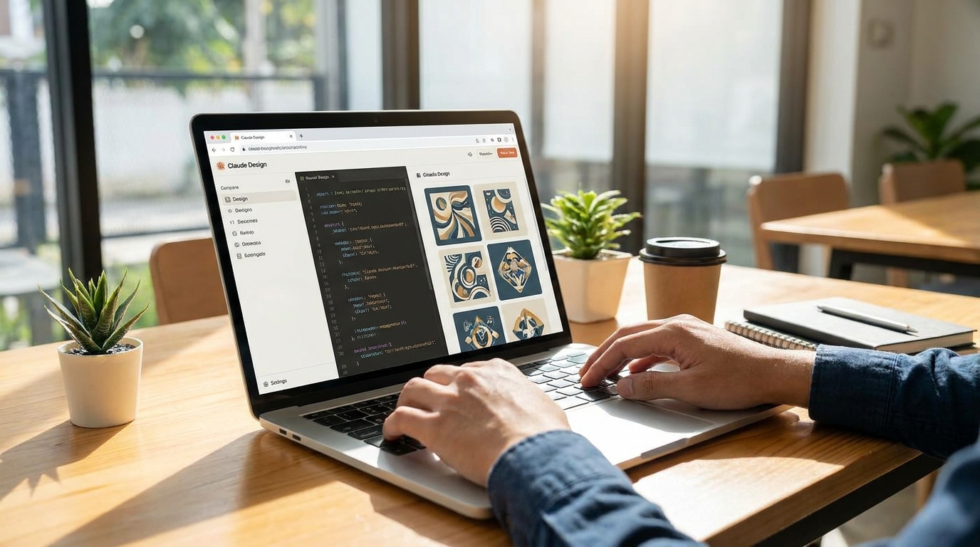 A high-resolution photograph of a person using Claude Design on a laptop, showing the user interface with design tools and AI-generated images. Photorealistic, high-resolution photograph, natural lighting, DSLR quality.