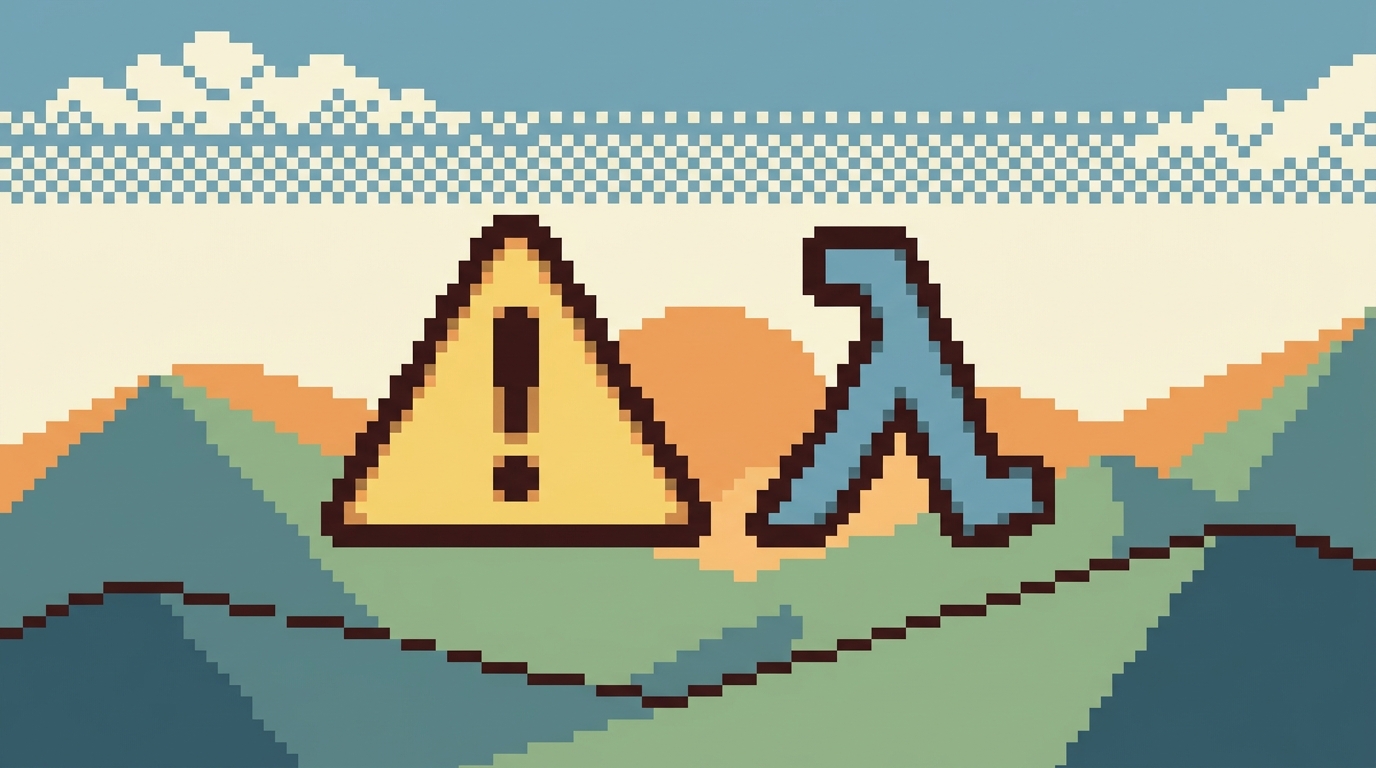 Illustration style, clean composition, intentional color palette. 16-bit pixel art illustration, limited palette, crisp pixel edges, retro game aesthetic. Image of a warning sign next to a lambda symbol, highlighting operational considerations.