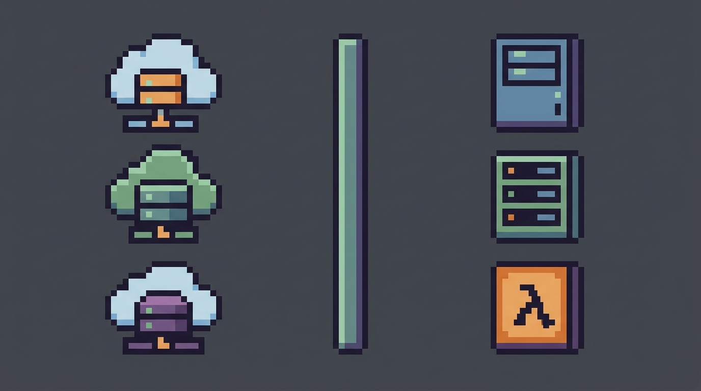 Illustration style, clean composition, intentional color palette. 16-bit pixel art illustration, limited palette, crisp pixel edges, retro game aesthetic. Image showing a side-by-side comparison of different serverless service logos, including the lambda symbol.