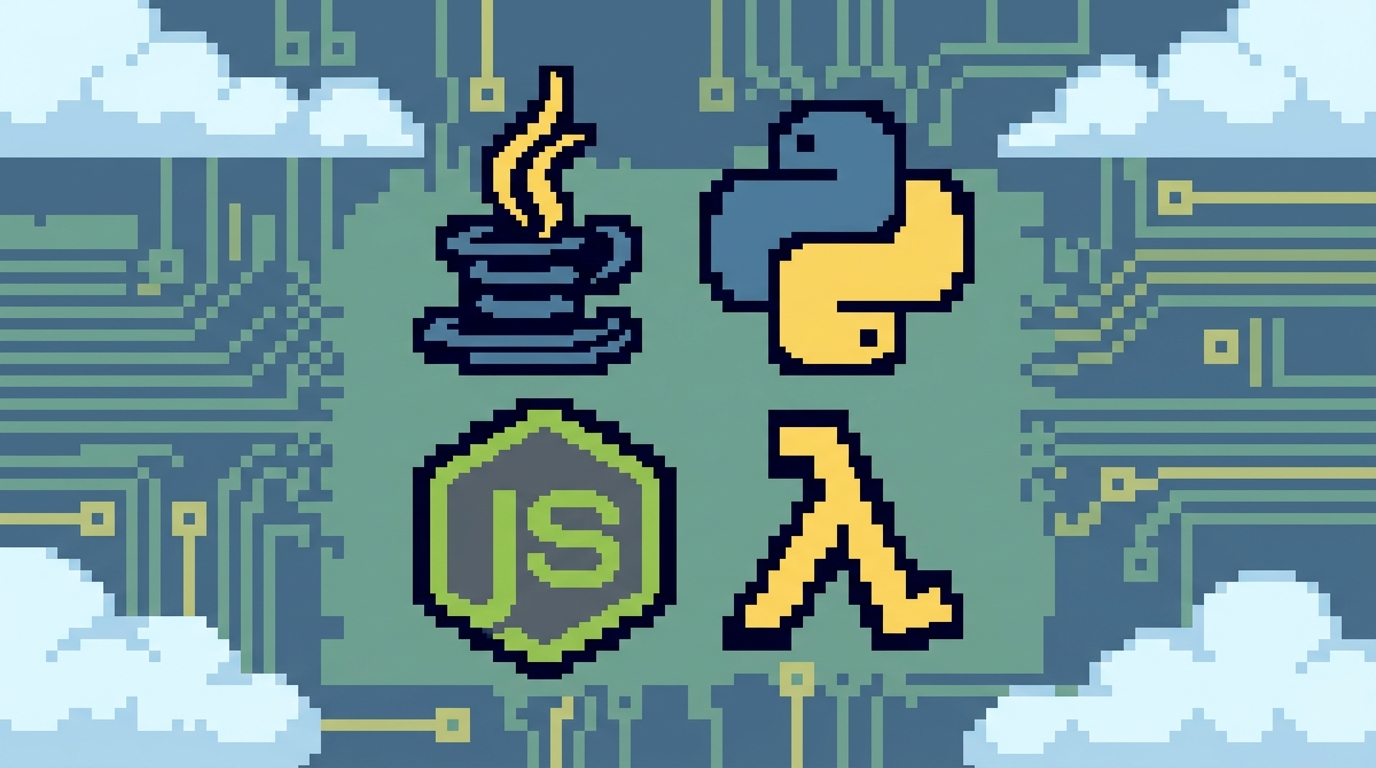 Illustration style, clean composition, intentional color palette. 16-bit pixel art illustration, limited palette, crisp pixel edges, retro game aesthetic. Image depicting various programming language icons, such as Java, Python, and Node.js, with a lambda symbol.