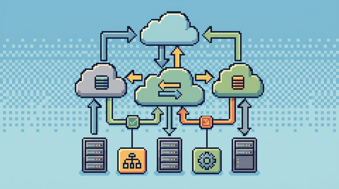 Illustration style, clean composition, intentional color palette. 16-bit pixel art illustration, limited palette, crisp pixel edges, retro game aesthetic. Image depicting a simplified diagram of cloud services, with a focus on serverless architecture, featuring tiny servers and connected clouds.