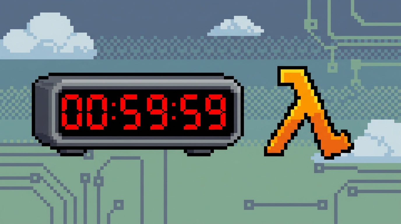 Illustration style, clean composition, intentional color palette. 16-bit pixel art illustration, limited palette, crisp pixel edges, retro game aesthetic. Image of a digital clock next to a lambda symbol, representing time constraints in AWS Lambda.