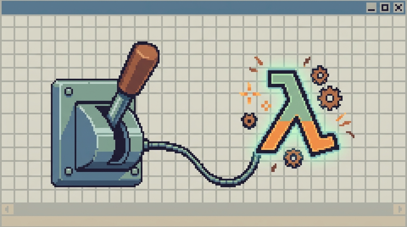 Illustration style, clean composition, intentional color palette. 16-bit pixel art illustration, limited palette, crisp pixel edges, retro game aesthetic. Image showing a lever triggering a lambda symbol, representing event-driven execution.