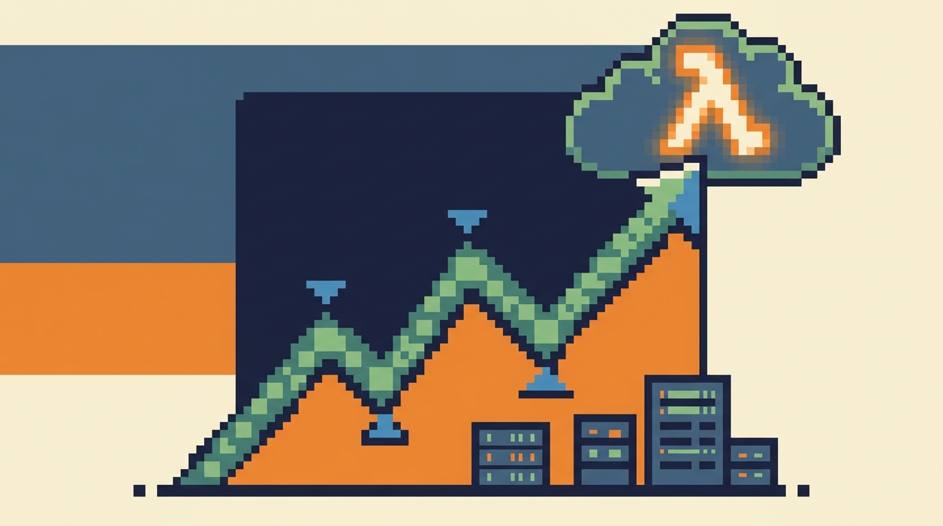 Illustration style, clean composition, intentional color palette. 16-bit pixel art illustration, limited palette, crisp pixel edges, retro game aesthetic. Image depicting a success chart with a lambda symbol, symbolizing successful AWS Lambda implementation.