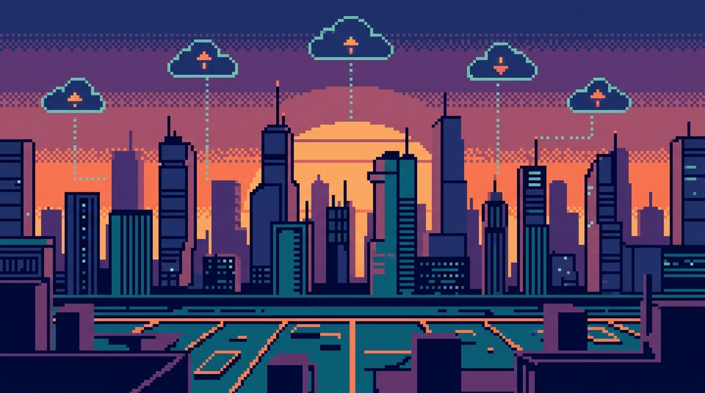 Illustration style, clean composition, intentional color palette. 16-bit pixel art illustration, limited palette, crisp pixel edges, retro game aesthetic. Image of a futuristic cityscape with cloud icons, symbolizing the future of AWS Lambda.