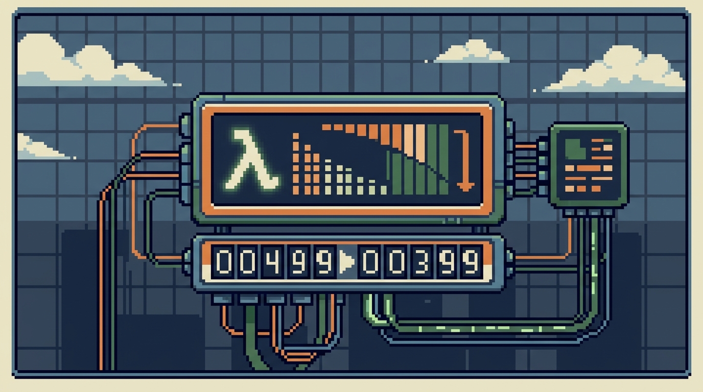 Illustration style, clean composition, intentional color palette. 16-bit pixel art illustration, limited palette, crisp pixel edges, retro game aesthetic. Image depicting a digital meter counting down with a lambda symbol, illustrating pay-per-use cost model.