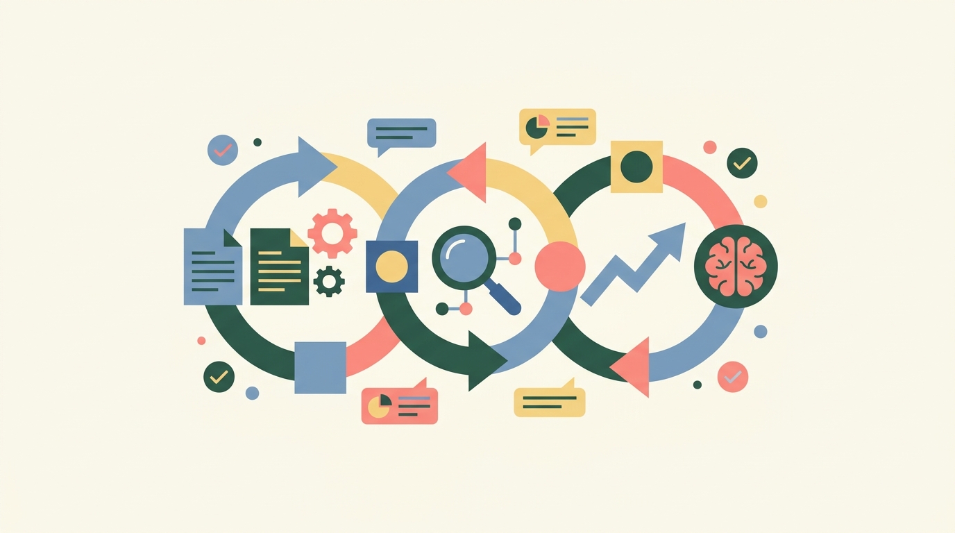 Illustration style, clean composition, intentional color palette. flat vector illustration, geometric shapes, limited flat color palette, clean minimal design. Visual illustrating evaluation and feedback loop strategies for optimizing RAG implementations.