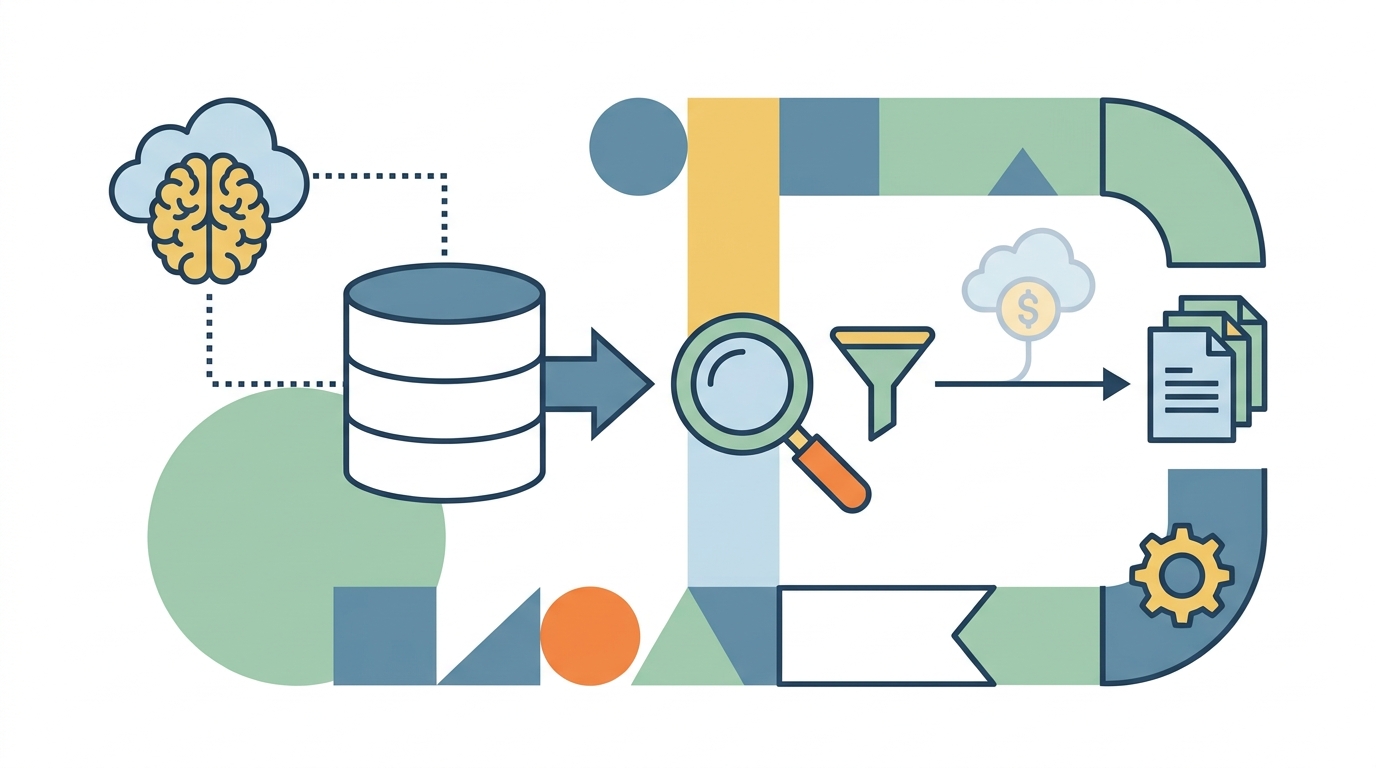 Illustration style, clean composition, intentional color palette. flat vector illustration, geometric shapes, limited flat color palette, clean minimal design. Visual illustrating cost-effective strategies for reducing LLM dependency in RAG implementations.