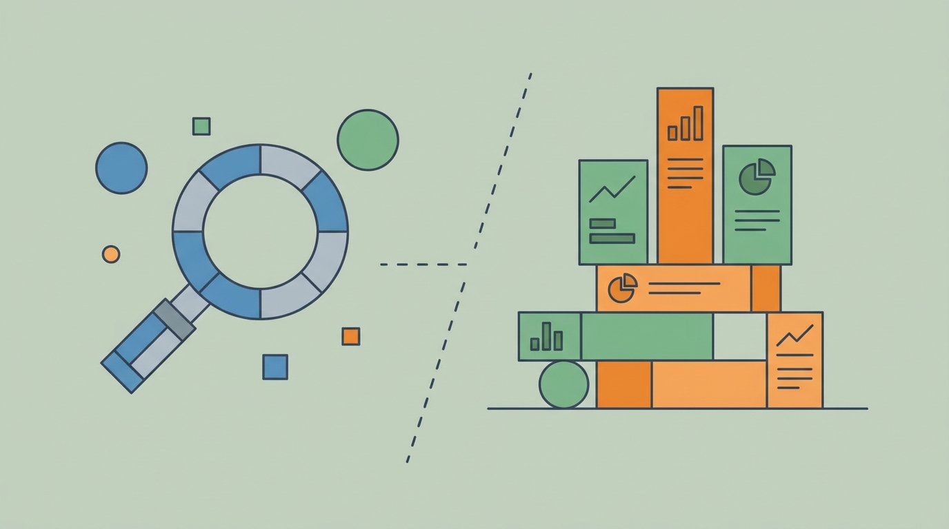 Illustration style, clean composition, intentional color palette. flat vector illustration, geometric shapes, limited flat color palette, clean minimal design. Visual depicting the challenges of vector search and context disconnect in RAG implementation.