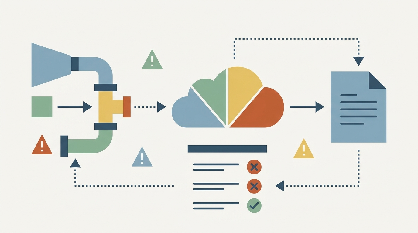 Illustration style, clean composition, intentional color palette. flat vector illustration, geometric shapes, limited flat color palette, clean minimal design. Visual depicting common pitfalls and anti-patterns in RAG implementation with a checklist.