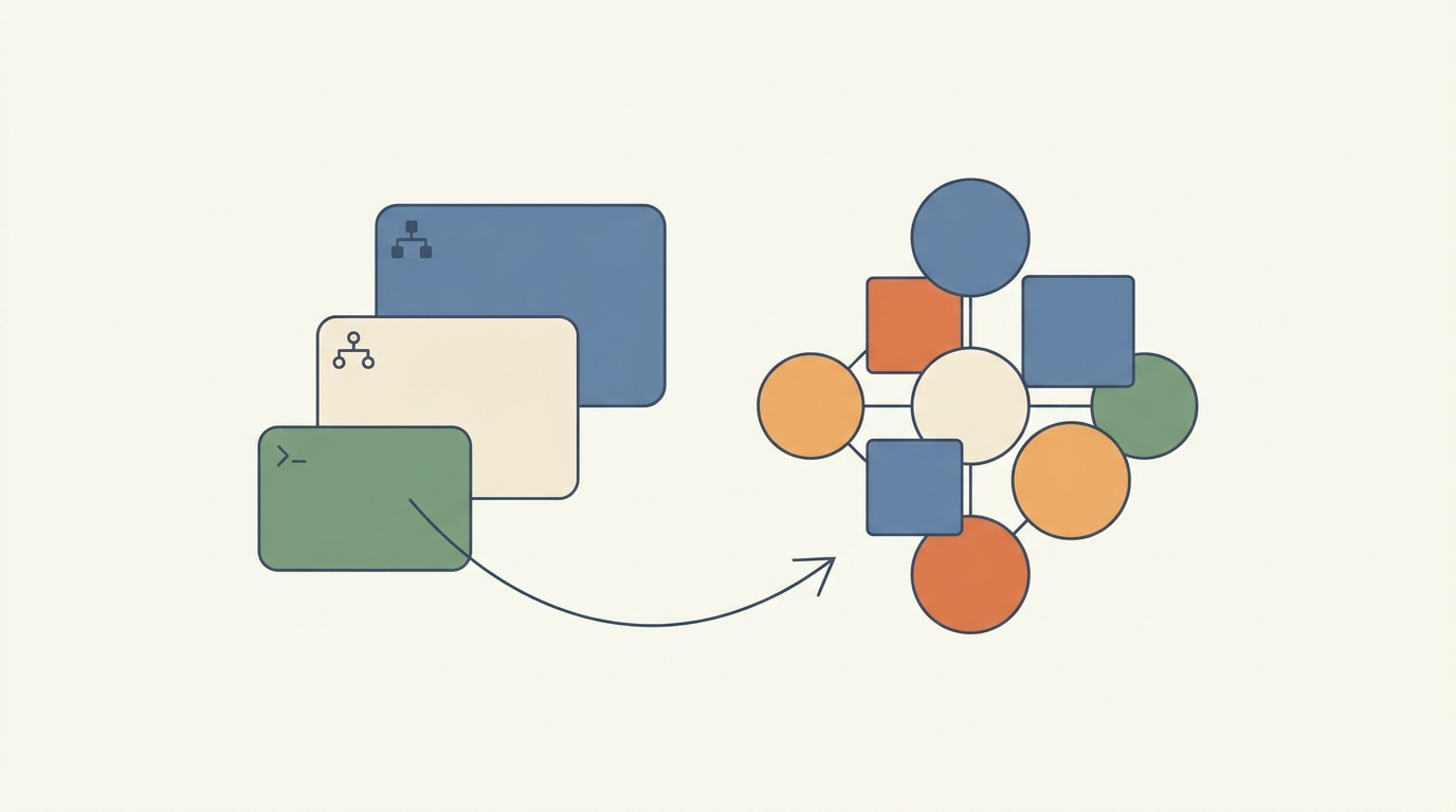 Illustration style, clean composition, intentional color palette. flat vector illustration, geometric shapes, limited flat color palette, clean minimal design. Visual of chunking strategy using Markdown hierarchy and small-to-big context approach.