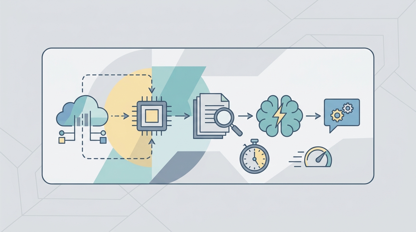 Illustration style, clean composition, intentional color palette. flat vector illustration, geometric shapes, limited flat color palette, clean minimal design. Visual showcasing strategies for achieving low latency in RAG implementation.