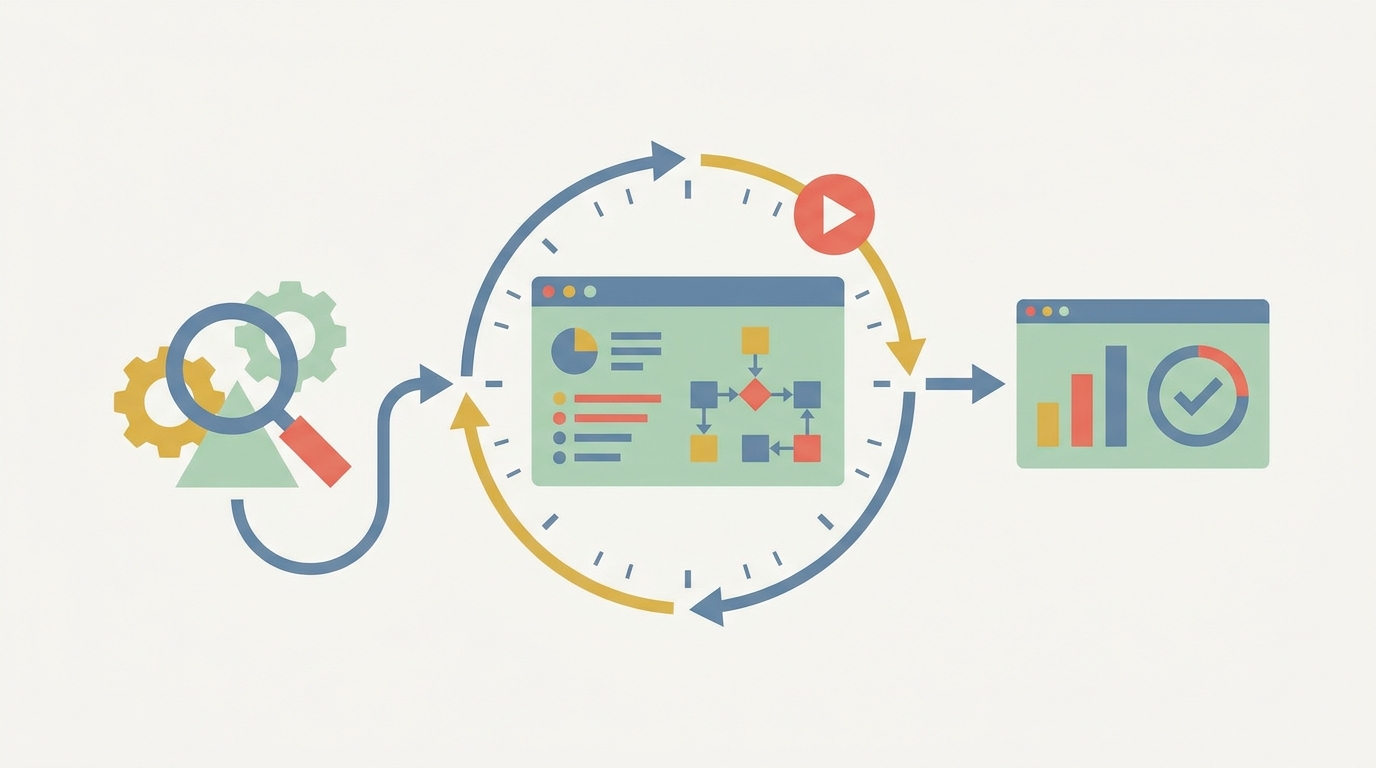 Illustration style, clean composition, intentional color palette. flat vector illustration, geometric shapes, limited flat color palette, clean minimal design. Visual depicting the use of Ragas and continuous evaluation for measuring RAG performance.
