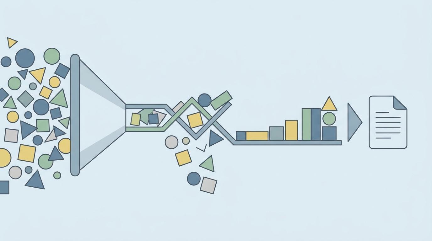 Illustration style, clean composition, intentional color palette. flat vector illustration, geometric shapes, limited flat color palette, clean minimal design. Visual showing the process of re-ranking and filtering out unnecessary information in RAG.