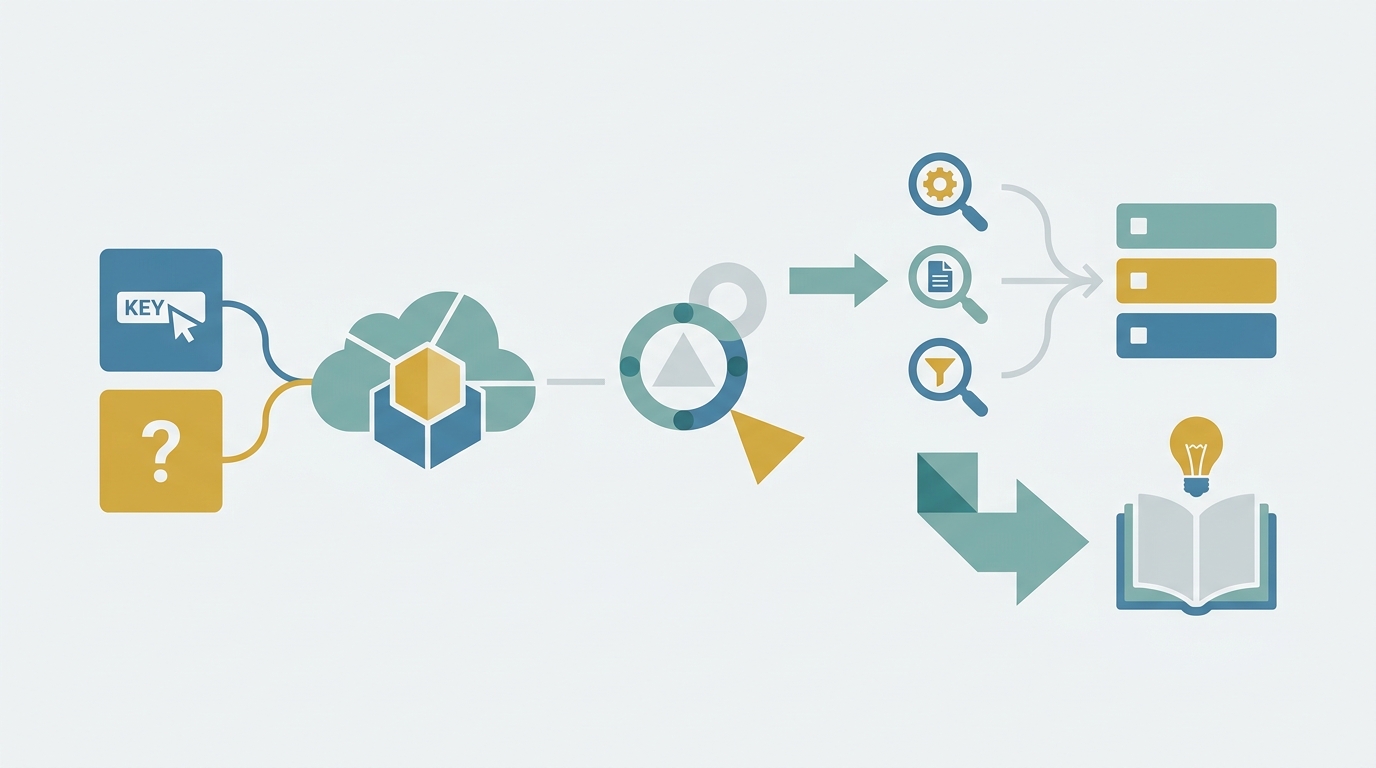 Illustration style, clean composition, intentional color palette. flat vector illustration, geometric shapes, limited flat color palette, clean minimal design. Visual representing hybrid search techniques and query transformation in RAG implementation.