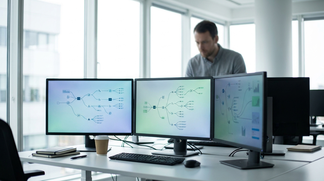 Photorealistic, high-resolution photograph, natural lighting, DSLR quality. documentary photography, candid moment, journalistic realism, natural ambient light. An AI system autonomously generating and displaying solution pathways on multiple monitors.