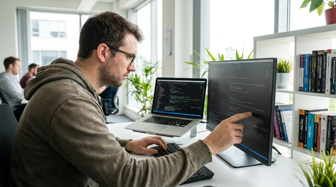 Photorealistic, high-resolution photograph, natural lighting, DSLR quality. documentary photography, candid moment, journalistic realism, natural ambient light. A software engineer identifying and fixing software vulnerabilities on a computer screen.