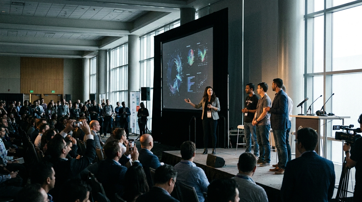 Photorealistic, high-resolution photograph, natural lighting, DSLR quality. documentary photography, candid moment, journalistic realism, natural ambient light. Technologists presenting AI advancements during a high-profile tech conference.