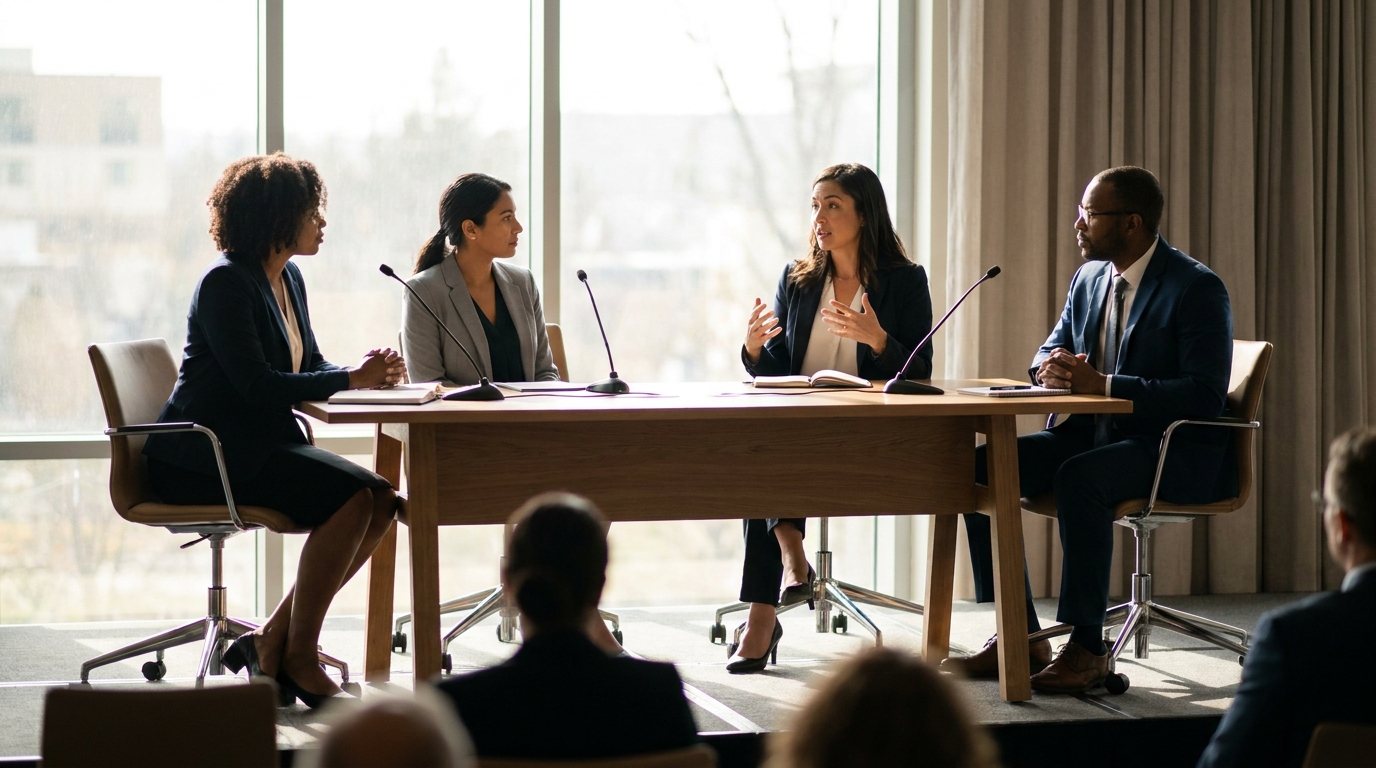 Photorealistic, high-resolution photograph, natural lighting, DSLR quality. documentary photography, candid moment, journalistic realism, natural ambient light. A discussion panel focusing on ethical issues in AI technology.