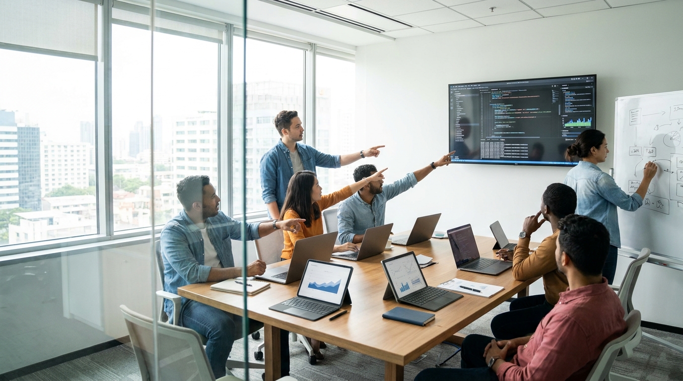 Photorealistic, high-resolution photograph, natural lighting, DSLR quality. documentary photography, candid moment, journalistic realism, natural ambient light. A meeting room with technology developers discussing AI innovations, showcasing a collaborative work environment.