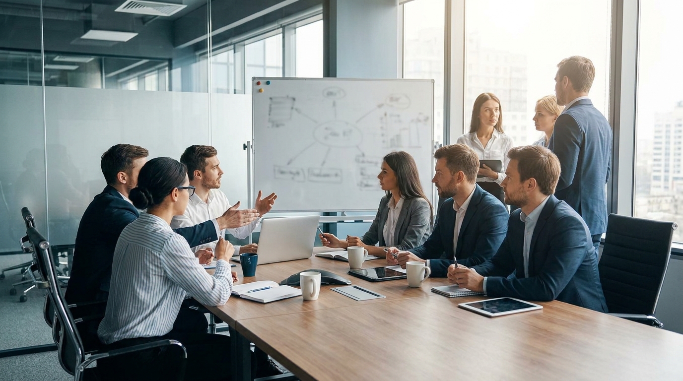 Photorealistic, high-resolution photograph, natural lighting, DSLR quality. documentary photography, candid moment, journalistic realism, natural ambient light. A business meeting between tech giants, discussing strategic partnerships for cybersecurity.