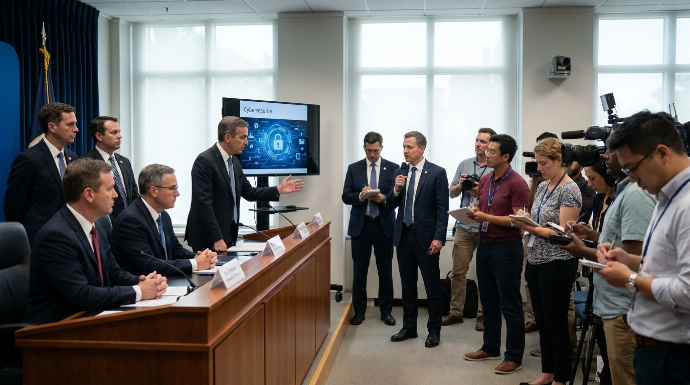 Photorealistic, high-resolution photograph, natural lighting, DSLR quality. documentary photography, candid moment, journalistic realism, natural ambient light. A government briefing on cybersecurity policies with officials and media present.