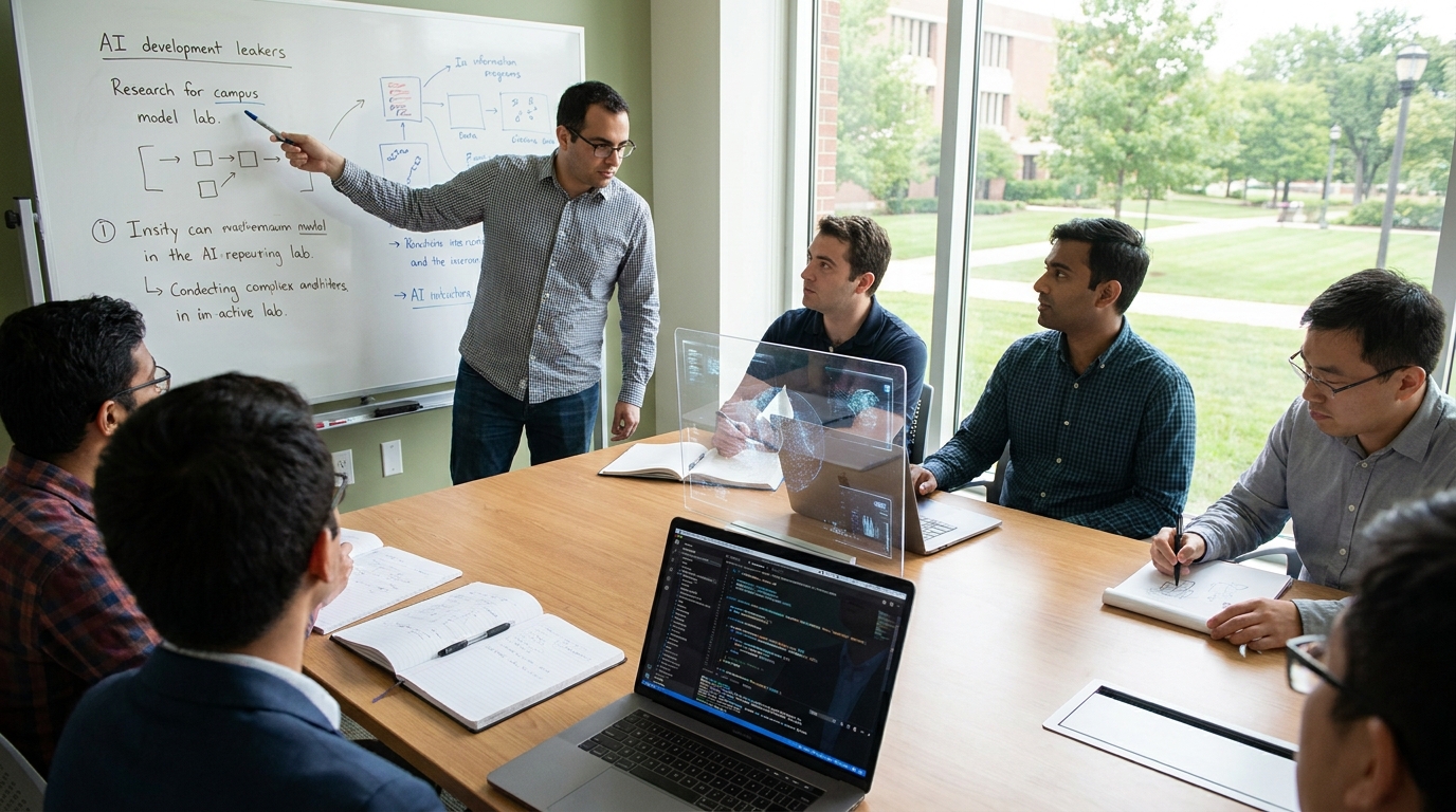 Photorealistic, high-resolution photograph, natural lighting, DSLR quality. documentary photography, candid moment, journalistic realism, natural ambient light. An AI development lab exploring future potential features with researchers brainstorming.