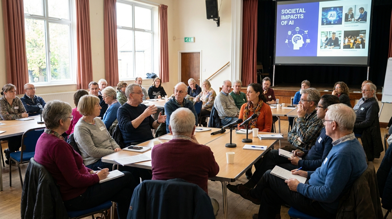 Photorealistic, high-resolution photograph, natural lighting, DSLR quality. documentary photography, candid moment, journalistic realism, natural ambient light. A community forum discussing the societal impacts of AI technology.