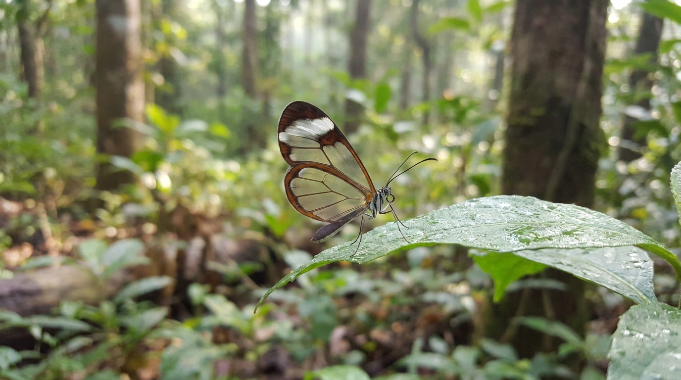 Photorealistic, high-resolution photograph, natural lighting, DSLR quality. documentary photography, candid moment, journalistic realism, natural ambient light. A close-up of a butterfly with transparent wings, symbolizing transparency and vulnerability.