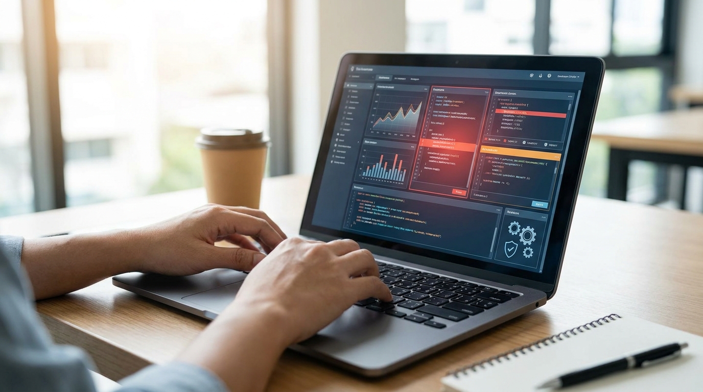 Photorealistic, high-resolution photograph, natural lighting, DSLR quality. documentary photography, candid moment, journalistic realism, natural ambient light. A close-up of advanced AI software interface identifying software vulnerabilities.