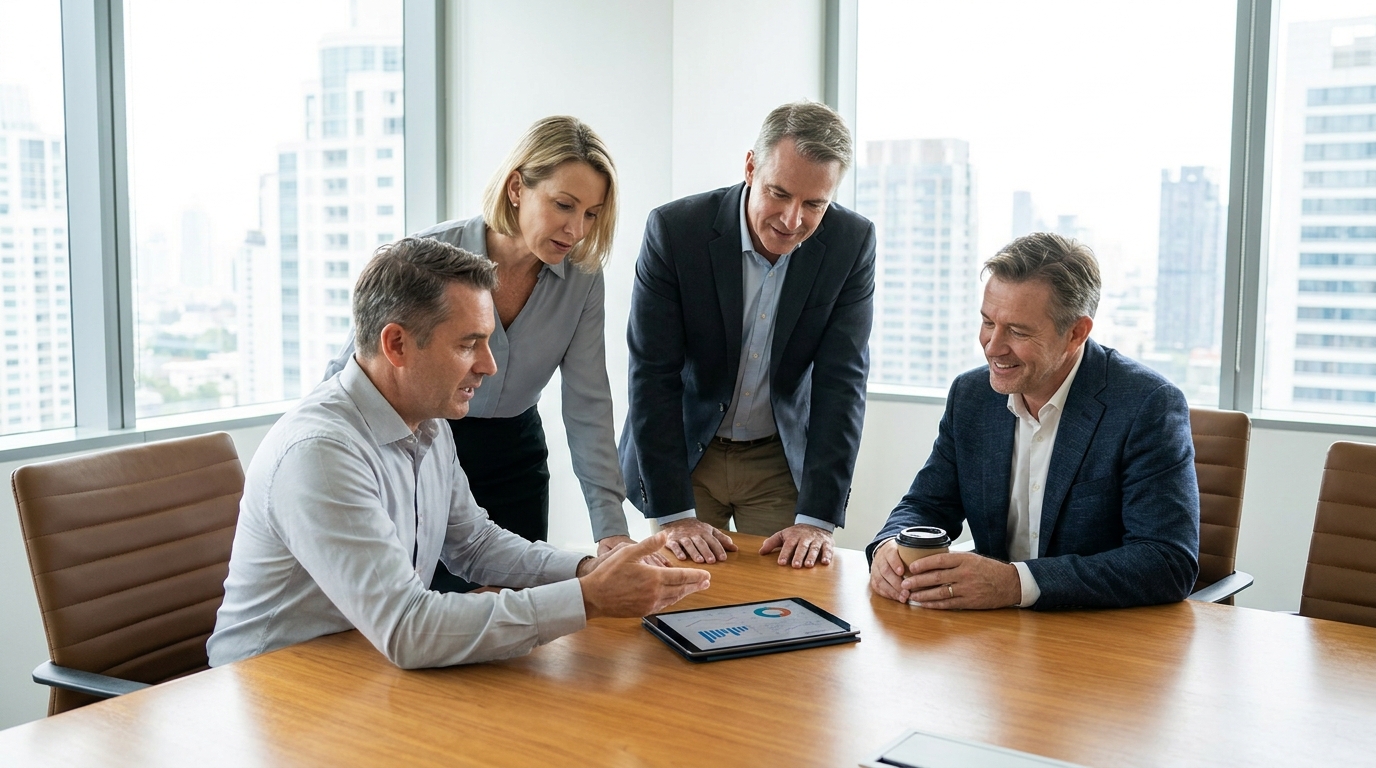 Photorealistic, high-resolution photograph, natural lighting, DSLR quality. documentary photography, candid moment, journalistic realism, natural ambient light. Financial industry leaders discussing the integration of advanced AI technologies.