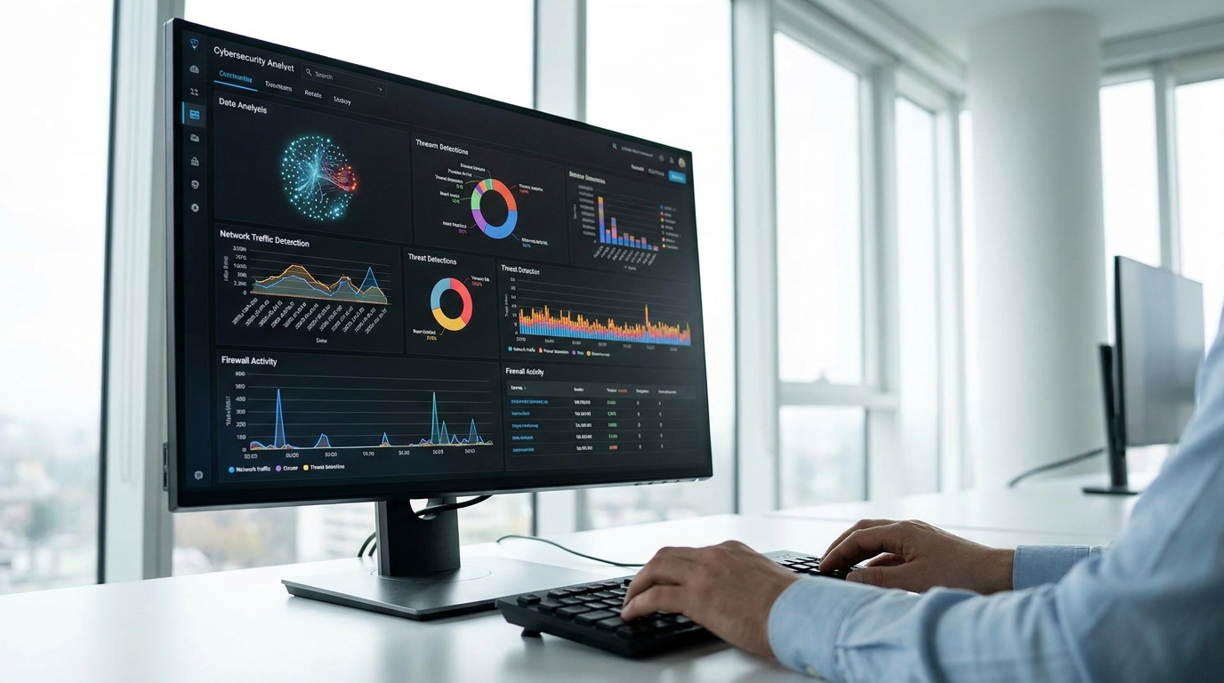 Photorealistic, high-resolution photograph, natural lighting, DSLR quality. documentary photography, candid moment, journalistic realism, natural ambient light. A detailed digital interface showcasing advanced cybersecurity measures in action.
