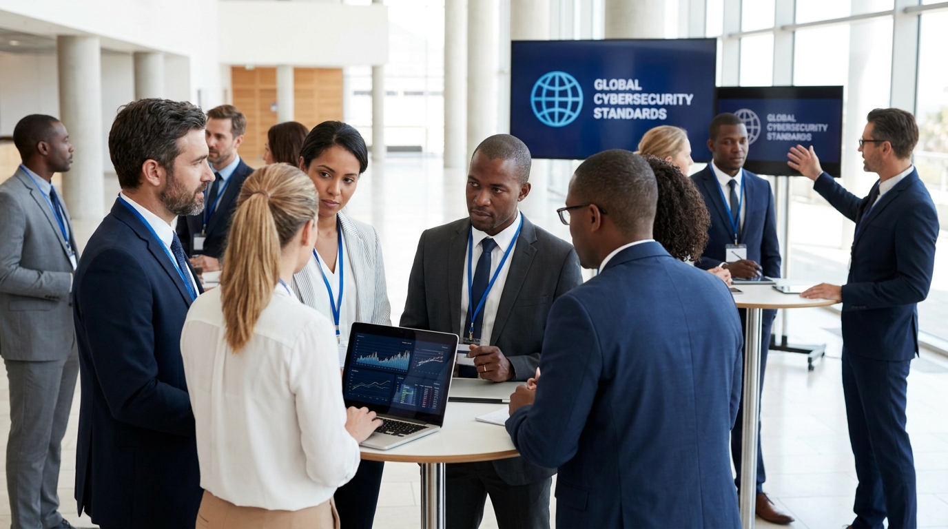 Photorealistic, high-resolution photograph, natural lighting, DSLR quality. documentary photography, candid moment, journalistic realism, natural ambient light. An international conference with delegates discussing global cybersecurity standards.