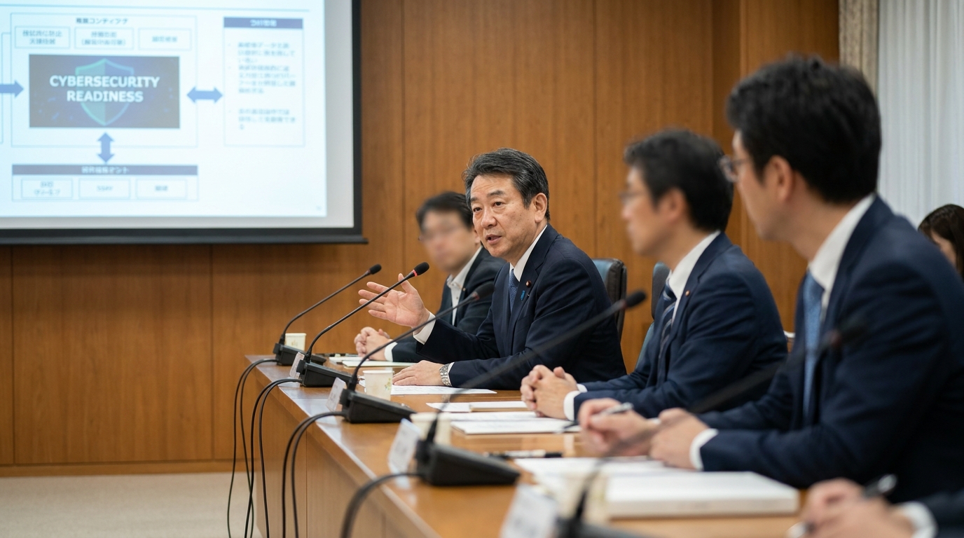 Photorealistic, high-resolution photograph, natural lighting, DSLR quality. documentary photography, candid moment, journalistic realism, natural ambient light. A Japanese government official addressing a panel on cybersecurity readiness.
