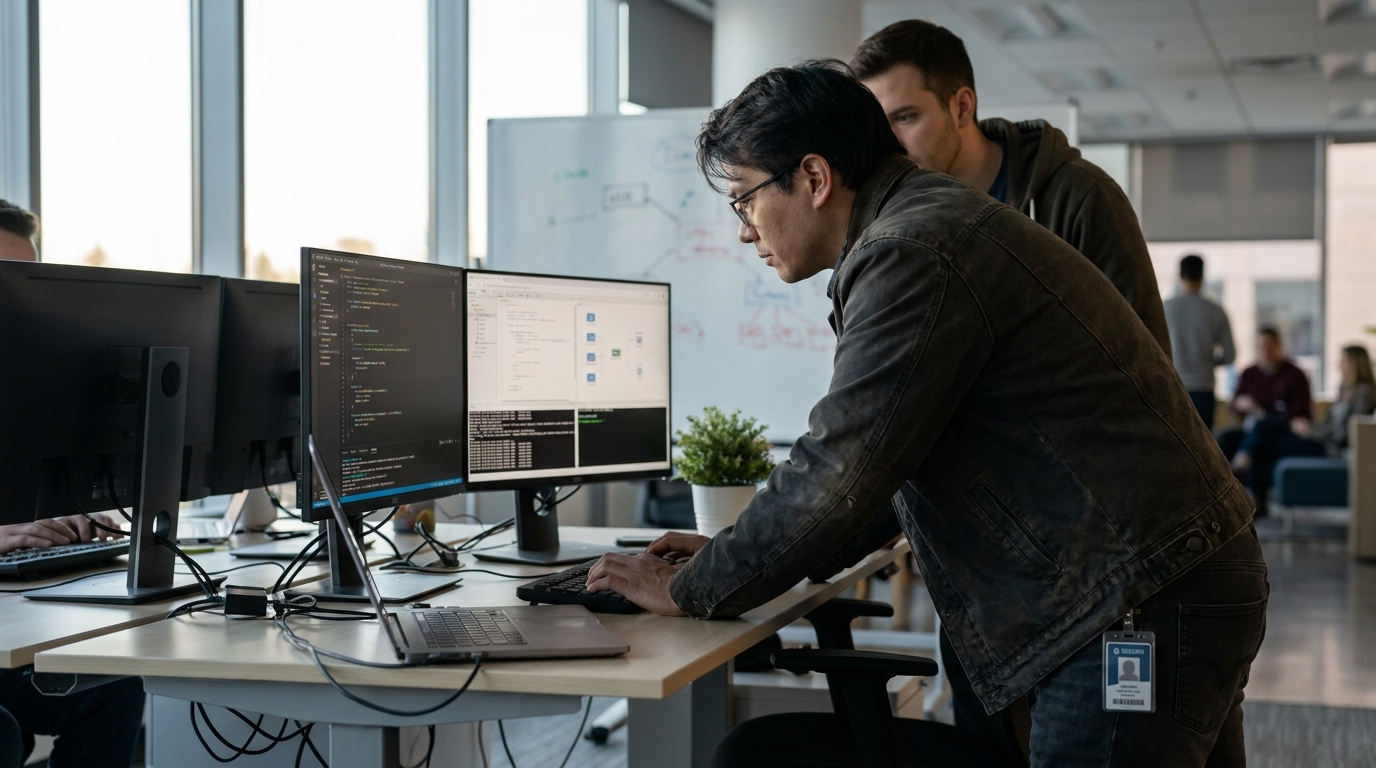 Photorealistic, high-resolution photograph, natural lighting, DSLR quality. documentary photography, candid moment, journalistic realism, natural ambient light. A security expert implementing measures to prevent AI misuse.