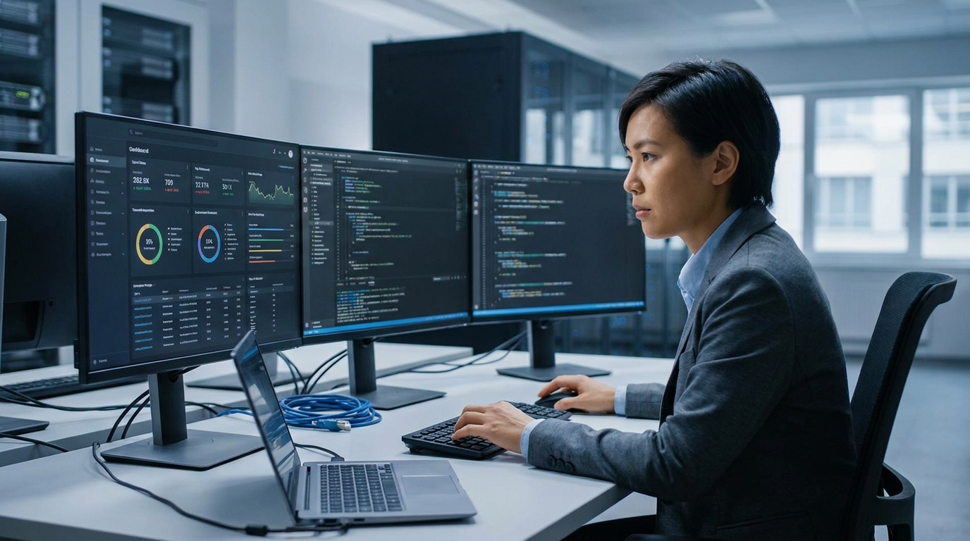 Photorealistic, high-resolution photograph, natural lighting, DSLR quality. documentary photography, candid moment, journalistic realism, natural ambient light. An expert conducting a penetration test and analyzing results on sophisticated software tools.