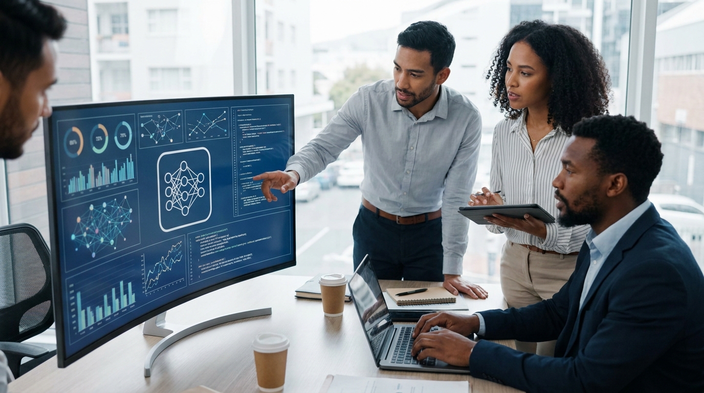 Photorealistic, high-resolution photograph, natural lighting, DSLR quality. documentary photography, candid moment, journalistic realism, natural ambient light. A collaborative team using AI technology to optimize cybersecurity measures.