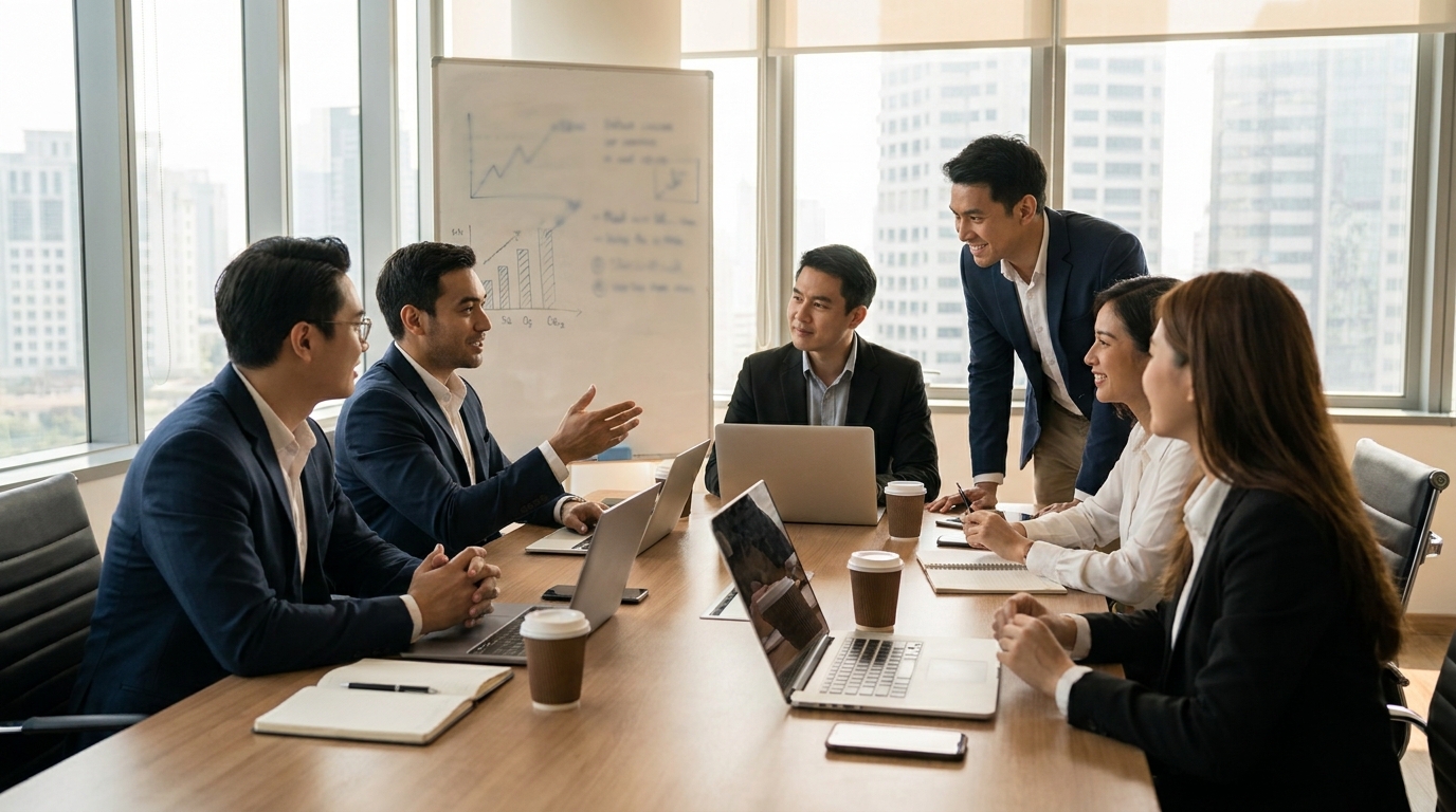 Photorealistic, high-resolution photograph, natural lighting, DSLR quality. documentary photography, candid moment, journalistic realism, natural ambient light. A strategic planning session with industry experts and policymakers discussing future AI developments.