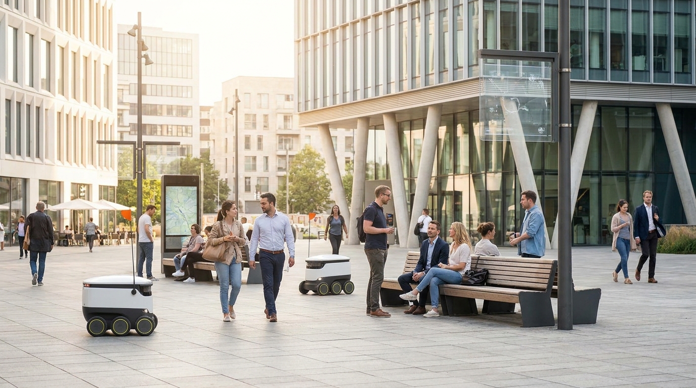 Photorealistic, high-resolution photograph, natural lighting, DSLR quality. documentary photography, candid moment, journalistic realism, natural ambient light. A harmonious urban scene with AI technology seamlessly integrated into public spaces.