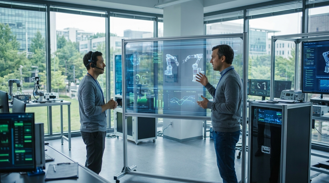 Photorealistic, high-resolution photograph, natural lighting, DSLR quality. documentary photography, candid moment, journalistic realism, natural ambient light. A futuristic laboratory with AI researchers exploring cutting-edge technologies.