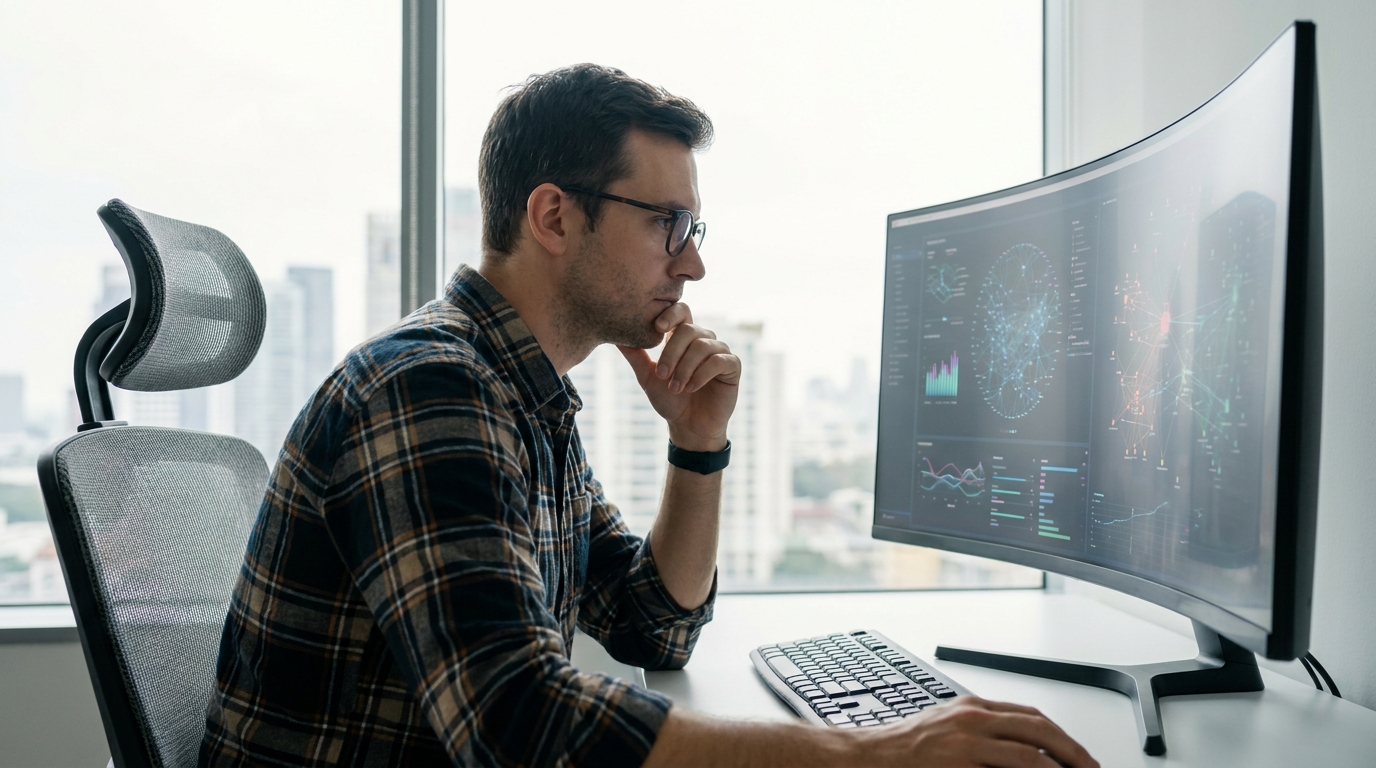 Photorealistic, high-resolution photograph, natural lighting, DSLR quality. documentary photography, candid moment, journalistic realism, natural ambient light. A cybersecurity expert analyzing threat vectors on a secure network dashboard.