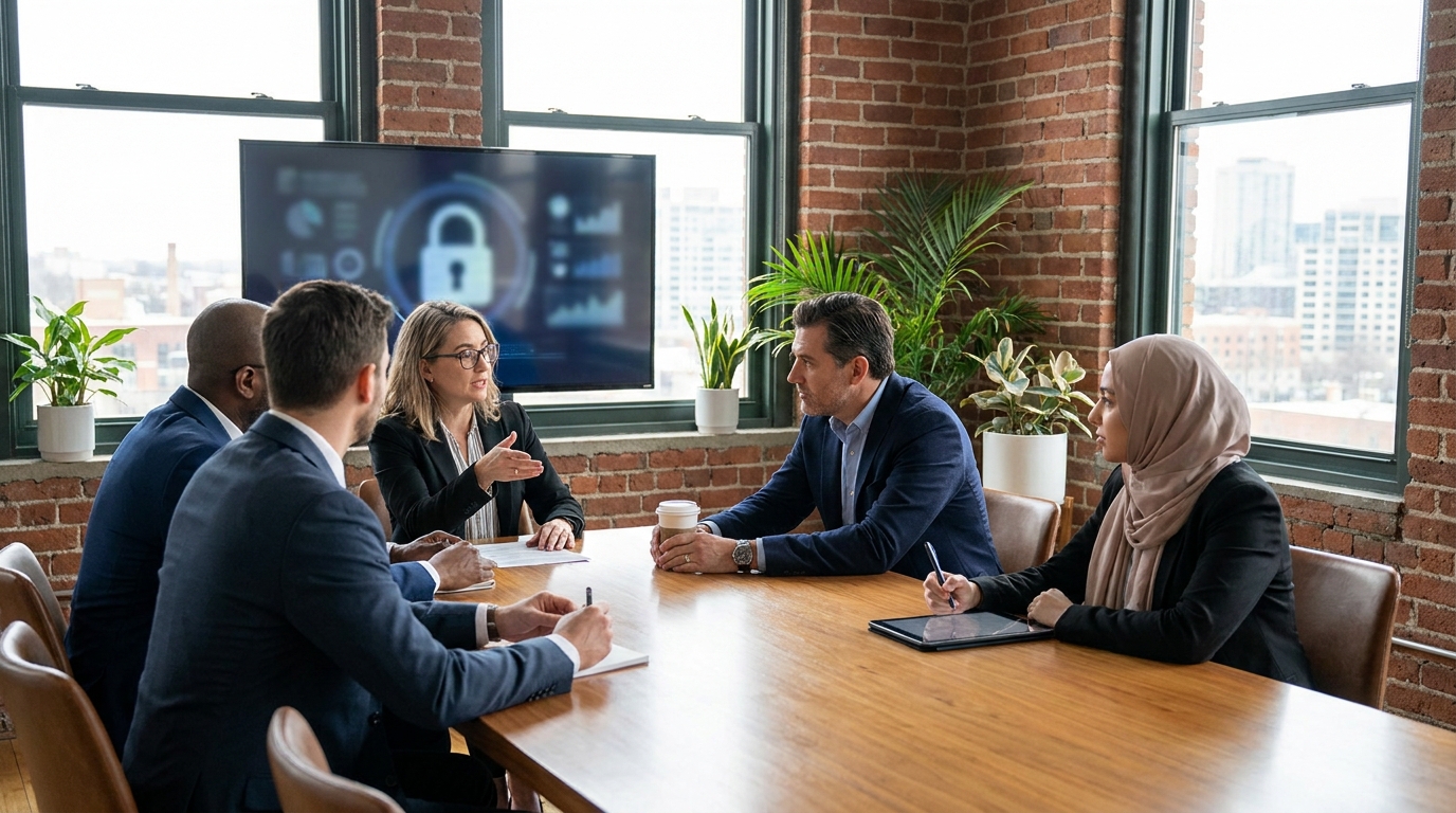Photorealistic, high-resolution photograph, natural lighting, DSLR quality. documentary photography, candid moment, journalistic realism, natural ambient light. A multinational meeting discussing cybersecurity advancements and AI collaborations.